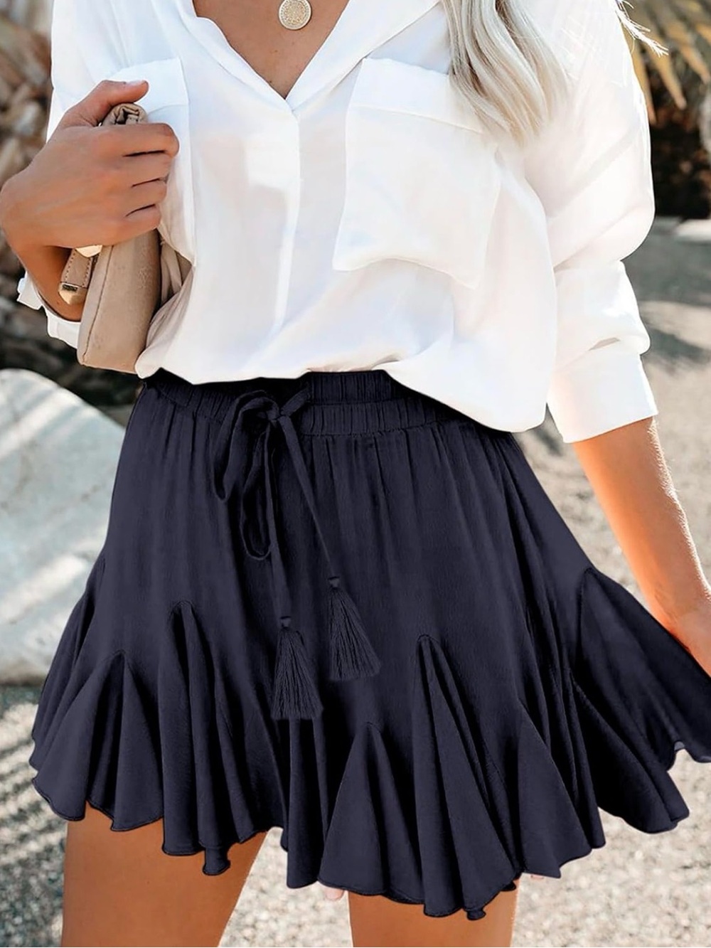 Navy Ruffle Tie-Front Mini Skirt
